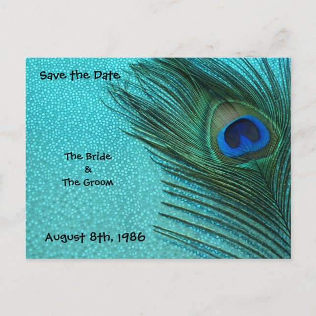 Metallic Aqua Peacock Save the Date Postcard (Front)