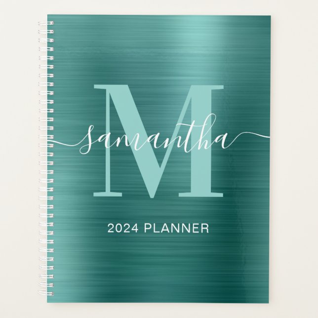 Metallic Aqua Teal Signature Monogram Planner (Front)