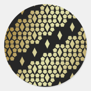 Metallic Black and Gold Diamond Honeycomb Pattern Classic Round Sticker