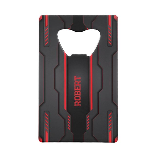 Metallic black and red geometric design credit card bottle opener (Front)