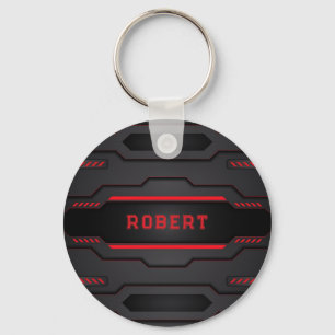 Metallic black and red geometric design keychain
