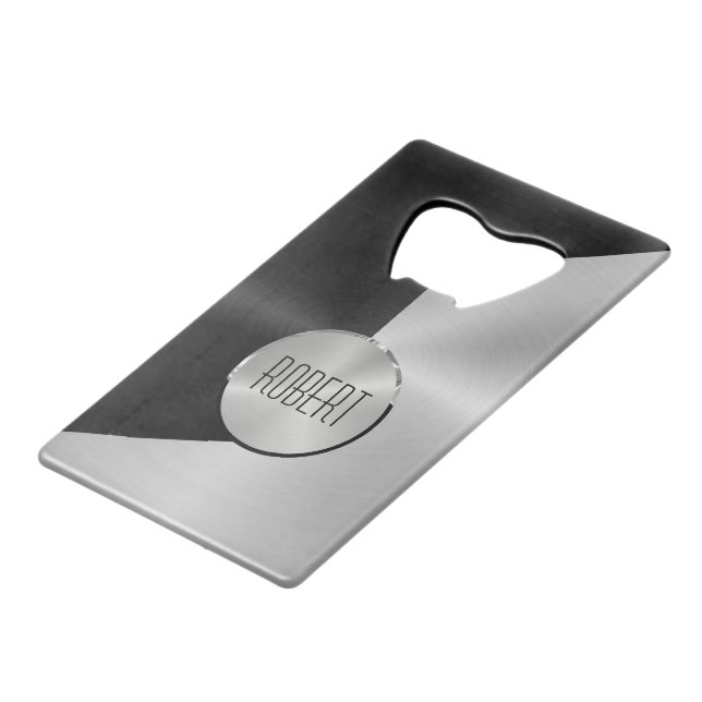 Metallic black and silver geometric design credit card bottle opener (Back Angled)