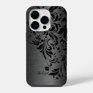 Metallic Black Brushed Aluminum & Black Lace iPhone 14 Pro Case