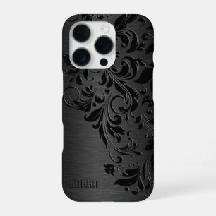 Metallic Black Brushed Aluminum & Black Lace iPhone 16 Pro Case