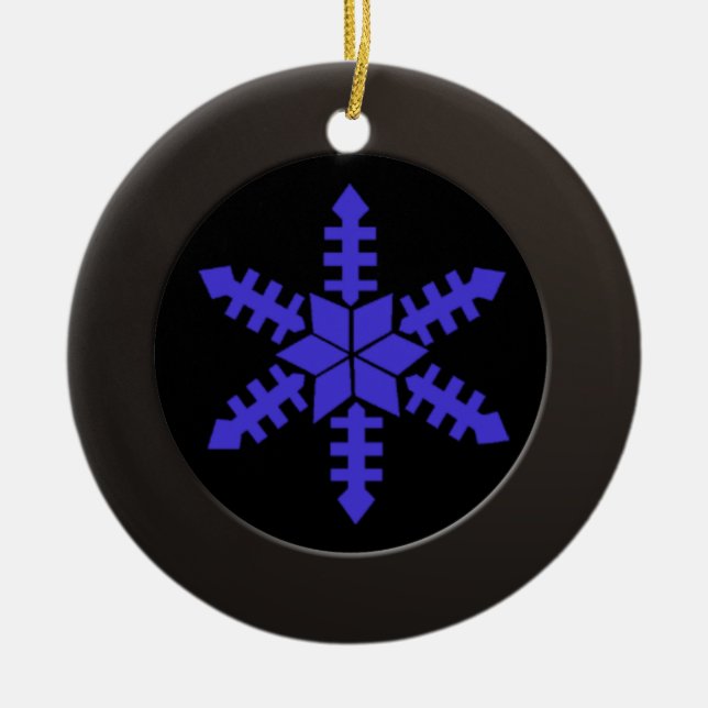 Metallic Black Circle and Blue Snowflake Ceramic Ornament (Front)