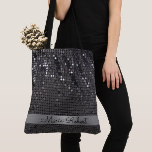 Metallic Black Glitter Girly Glam Personalized Tote Bag