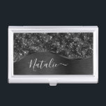 Metallic Black Glitter Personalized Business Card Holder<br><div class="desc">Easily personalize this black brushed metal and glamourous faux glitter patterned business card case with your own custom name.</div>