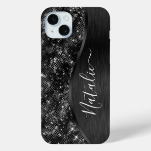 Metallic Black Glitter Personalized iPhone 15 Mini Case