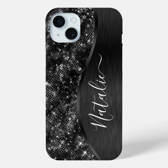 Metallic Black Glitter Personalized Case-Mate iPhone Case (Back)