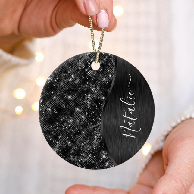 Metallic Black Glitter Personalized Ceramic Ornament (Creator Uploaded)