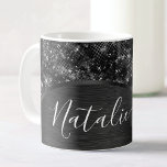 Metallic Black Glitter Personalized Coffee Mug<br><div class="desc">Easily personalize this black brushed metal and glamourous faux glitter patterned coffee mug with your own custom name.</div>