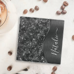 Metallic Black Glitter Personalized Glass Coaster<br><div class="desc">Easily personalize this black brushed metal and glamourous faux glitter patterned glass coaster with your own custom name.</div>