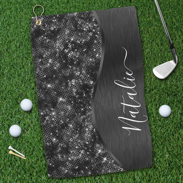 Metallic Black Glitter Personalized Golf Towel (Creator Uploaded)