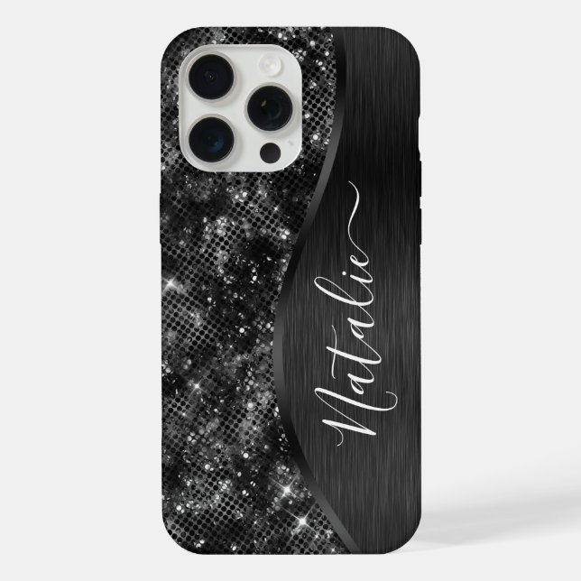 Metallic Black Glitter Personalized iPhone Case (Back)