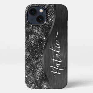 Metallic Black Glitter Personalized iPhone 13 Case
