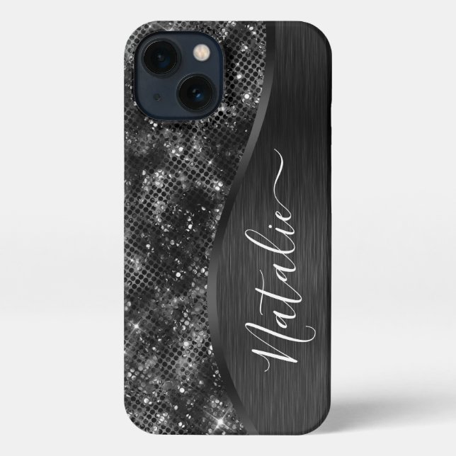 Metallic Black Glitter Personalized iPhone Case (Back)