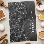 Metallic Black Glitter Personalized Kitchen Towel<br><div class="desc">Easily personalize this black brushed metal and glamourous faux glitter patterned kitchen towel with your own custom name.</div>