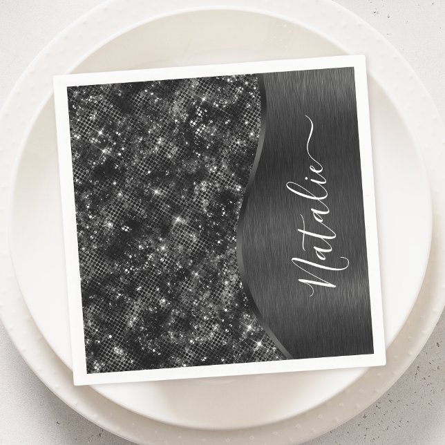 Metallic Black Glitter Personalized Napkin (Creator Uploaded)