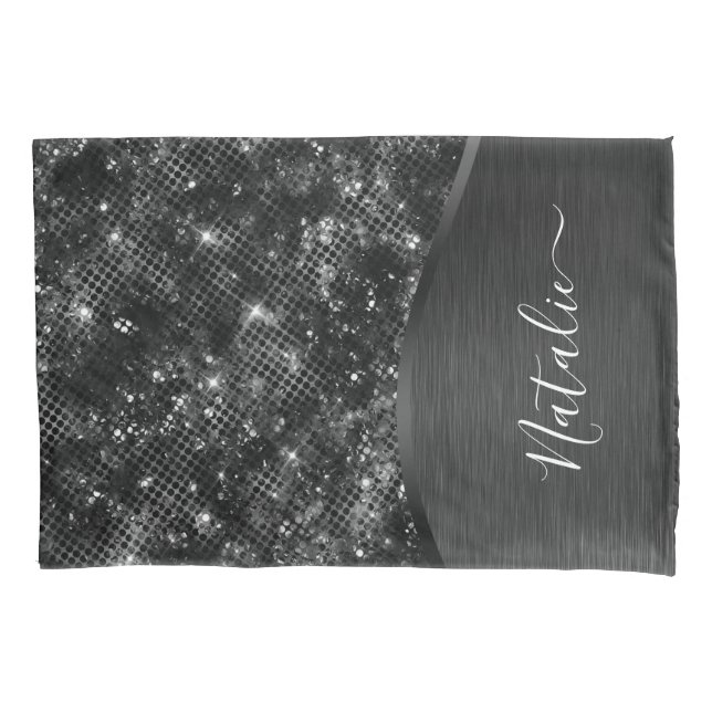 Metallic Black Glitter Personalized Pillowcase (Front)