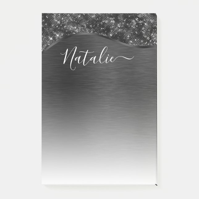 Metallic Black Glitter Personalized Post-it Notes (Front)