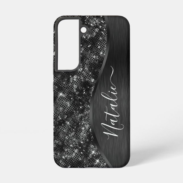 Metallic Black Glitter Personalized Samsung Galaxy S22 Case (Back)