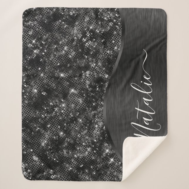 Metallic Black Glitter Personalized Sherpa Blanket (Front)