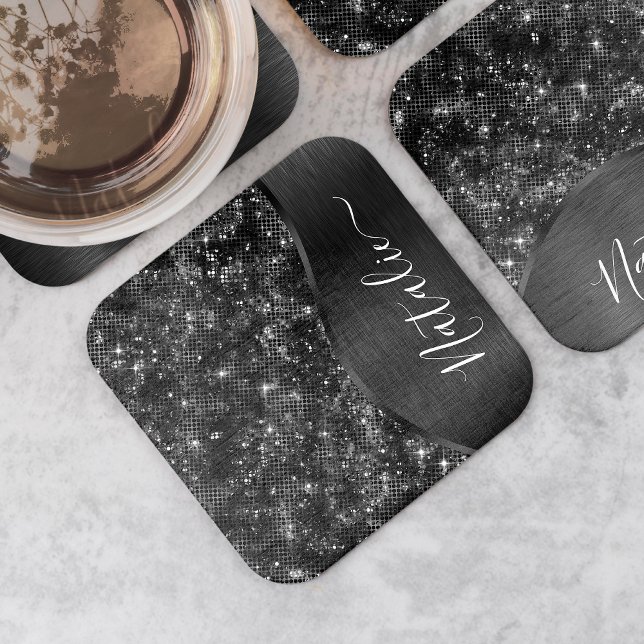Metallic Black Glitter Personalized Square Paper Coaster (Creator Uploaded)