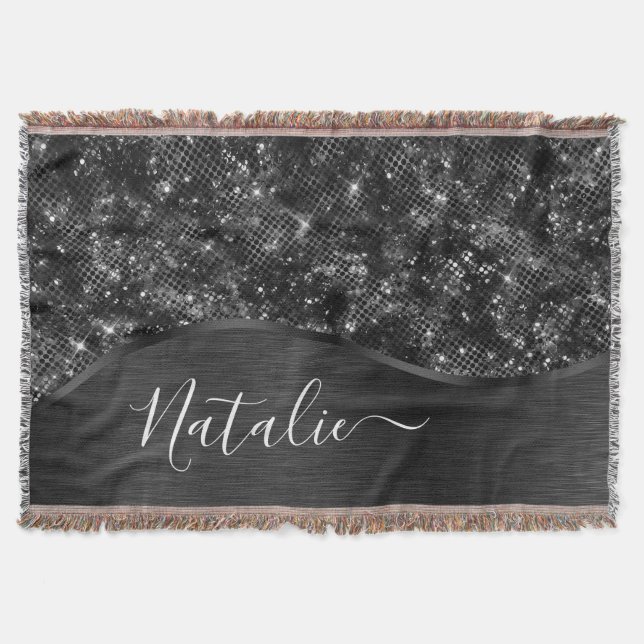 Metallic Black Glitter Personalized Throw Blanket (Front)