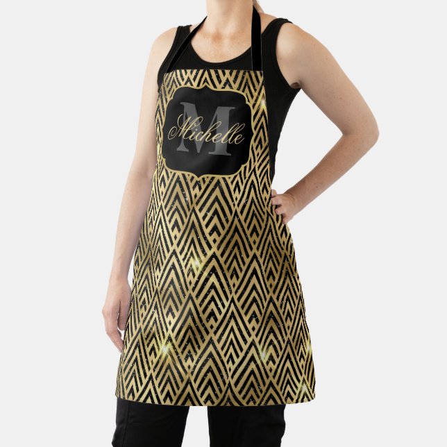 Metallic Black & Gold Glitter Glam Art Deco Apron (Insitu)