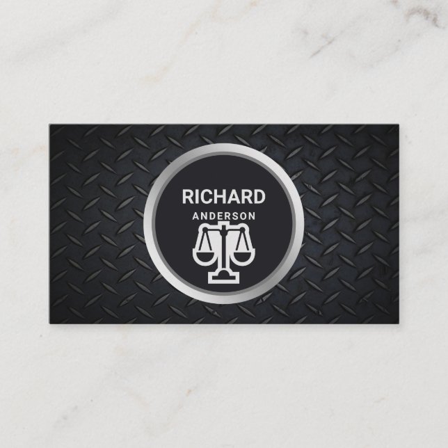 Metallic Black Steel Justice Scale Lawyer Attorney Business Card (Front)