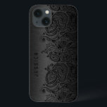 Metallic Black With Black Paisley Lace iPhone 13 Case<br><div class="desc">Black dark grey metallic design brushed aluminum look with black floral paisley lace. Customizable and optional monogram</div>
