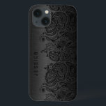 Metallic Black With Black Paisley Lace iPhone 13 Case<br><div class="desc">Black dark grey metallic design brushed aluminum look with black floral paisley lace. Customizable and optional monogram</div>