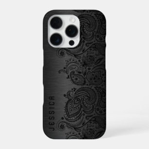 Metallic Black With Black Paisley Lace iPhone 16 Pro Case