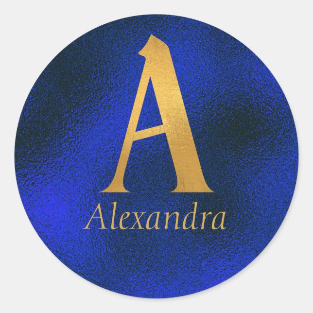 Metallic Blue and Gold Monogram A   Classic Round Sticker (Front)