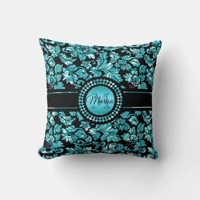 Metallic Blue And White Damask Throw Pillow (Front)
