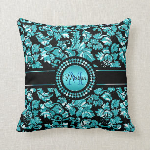 Metallic Blue And White Damask Throw Pillow