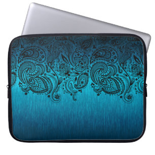 Metallic Blue Background With Black Paisley Lace Laptop Sleeve