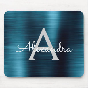 Metallic Blue Business Foil Monogram Name Mouse Pad