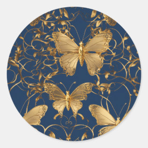 Metallic Blue Butterflies with Gold Vines Classic Round Sticker