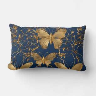 Metallic Blue Butterflies with Gold Vines Lumbar Pillow