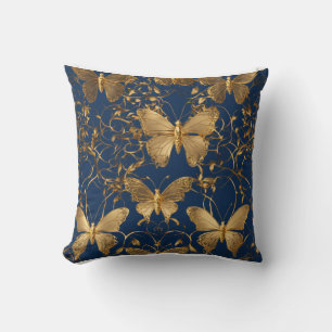 Metallic Blue Butterflies with Gold Vines Throw Pillow