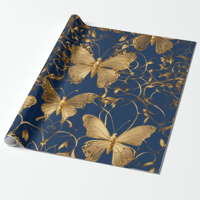 Metallic Blue Butterflies with Gold Vines Wrapping Paper (Unrolled)