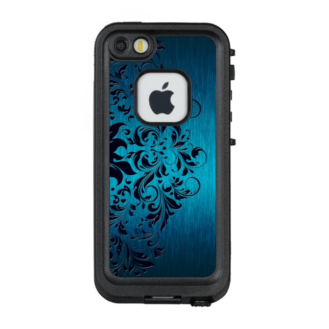 Metallic Blue & Dark Blue Floral Lace LifeProof iPhone Case (Back)
