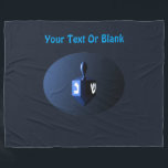 Metallic Blue Dreidel Fleece Blanket<br><div class="desc">A modernistic,  metallic blue dreidel against a dark,  night-like background.  Two of the Hebrew letters found on a dreidel,  nun and shin,  glow brightly.  Add your own text.</div>