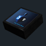 Metallic Blue Dreidel Gift Box<br><div class="desc">A modernistic,  metallic blue dreidel against a dark,  night-like background.  Two of the Hebrew letters found on a dreidel,  nun and shin,  glow brightly.  Add your own text.</div>