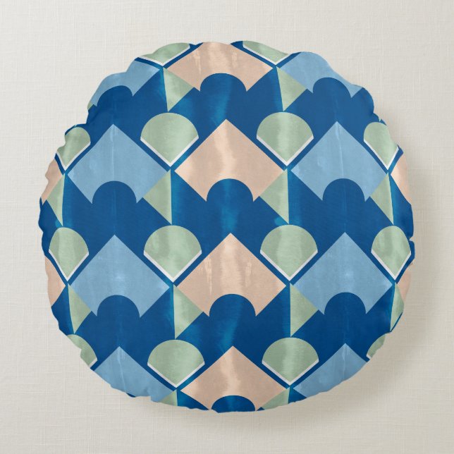 Metallic blue geometric diamond shapes  round pillow (Front)