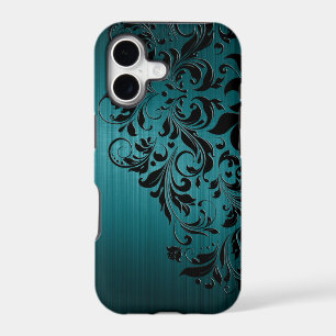 Metallic Blue-Green Brushed Aluminum & Black Lace