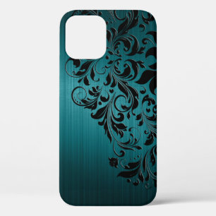 Metallic Blue-Green Brushed Aluminum & Black Lace iPhone 12 Case