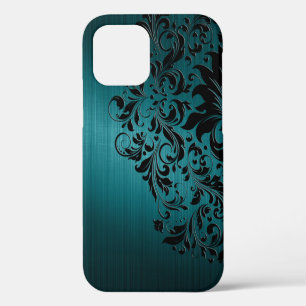 Metallic Blue-Green Brushed Aluminum & Black Lace iPhone 12 Case
