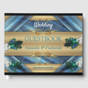 Metallic Blue-green Peacocks on Emerald Green Silk Guest Book